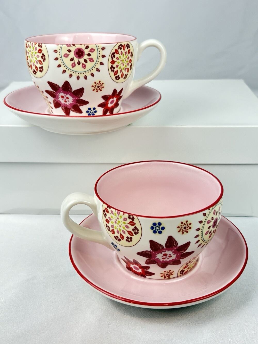 Starbucks 2007 Floral Ceramic Mug Saucer Set 2 White Pink 10oz Collectible Gift